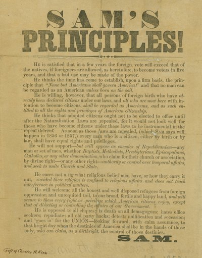 Udtaler troen på, at ingen andre end amerikanerne skal styre Amerika! og at intet menneske kan betragtes som amerikaner, medmindre det er født på jorden af Unbekannt Unbekannt